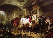 Paarden en personen op een binnenplaats Wouterus Verschuur